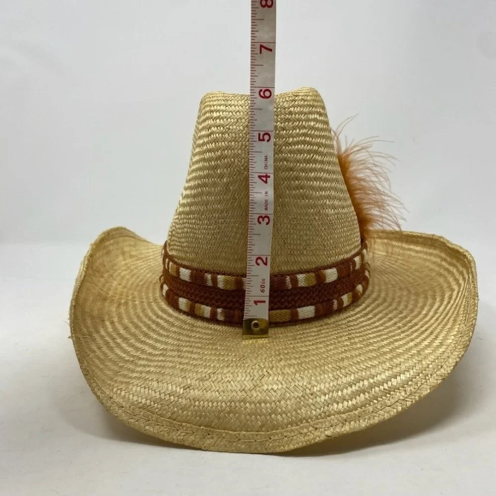 Vtg Stomper Unisex Cowboy Hat Woven‎ Band Feather Accent Straw  Western Rodeo